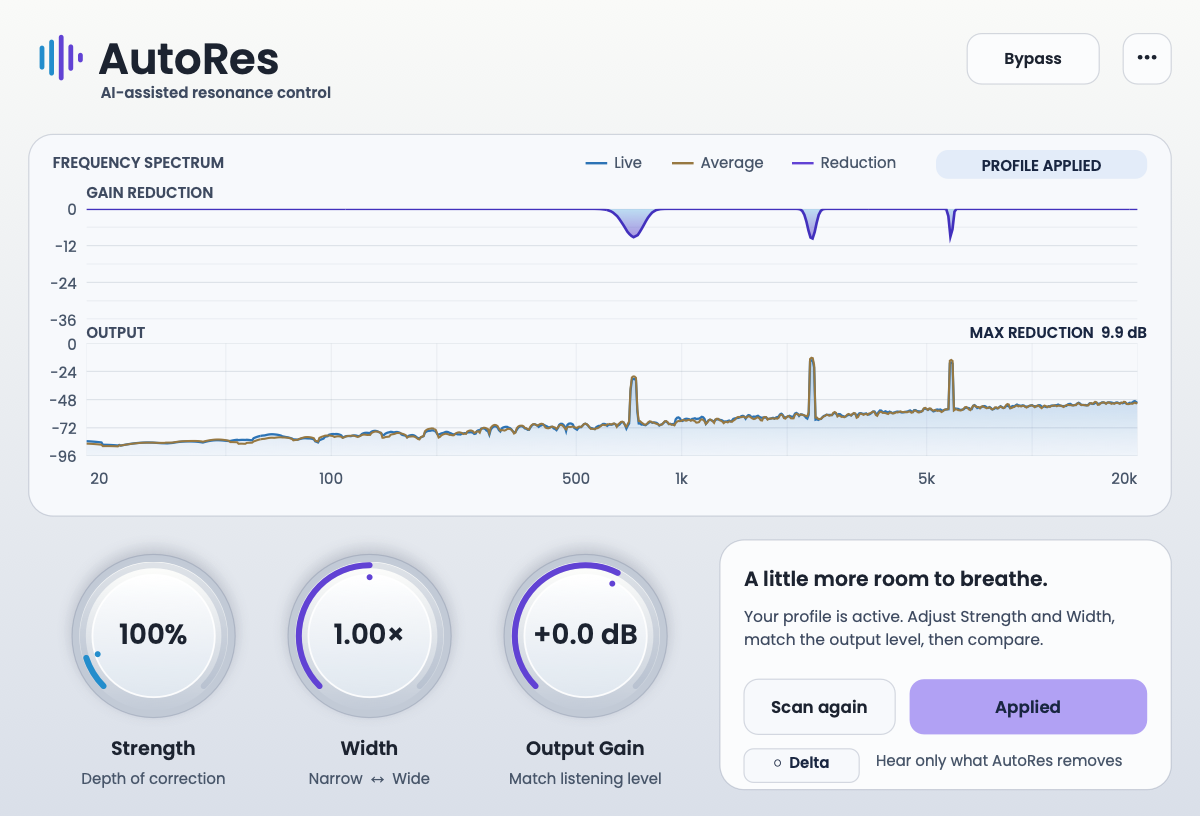 AutoRes after applying a learned profile, showing live reduction and its three controls