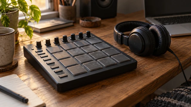 A drum-pad controller and headphones on a sunlit desk, an AI-generated editorial illustration
