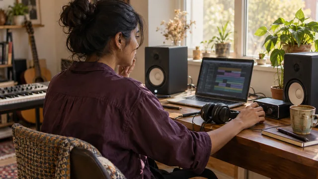 A producer listening to a mix at a sunlit home studio desk