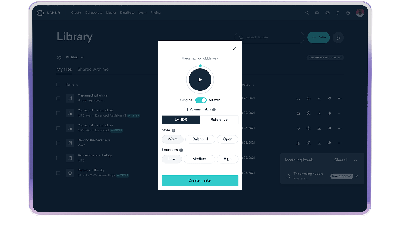 The LANDR web app library with the Create master dialog open