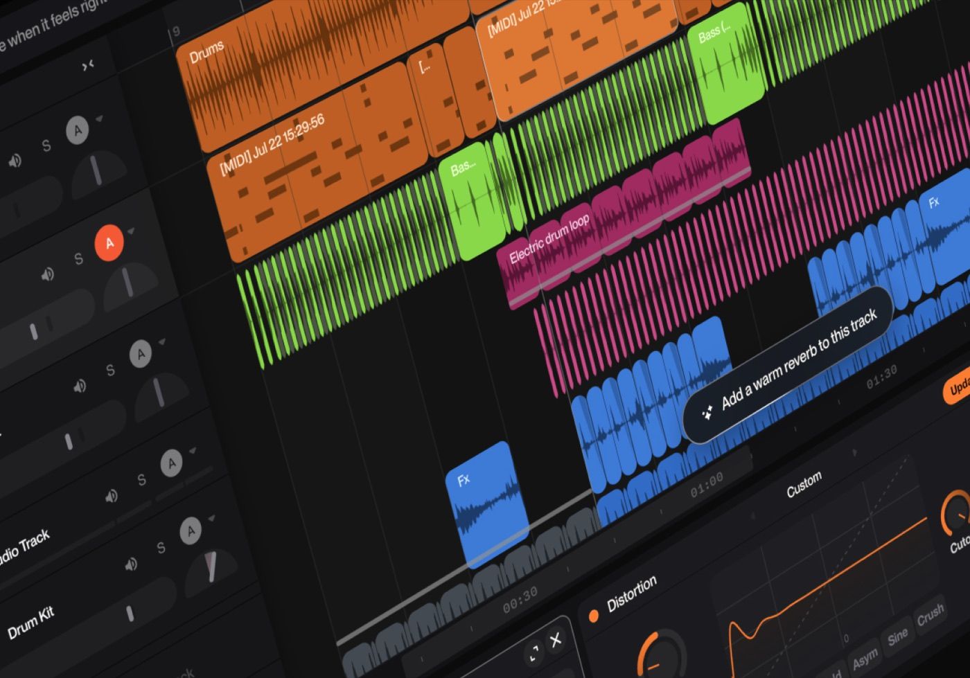 Suno Studio interface showing a multitrack timeline of generated parts