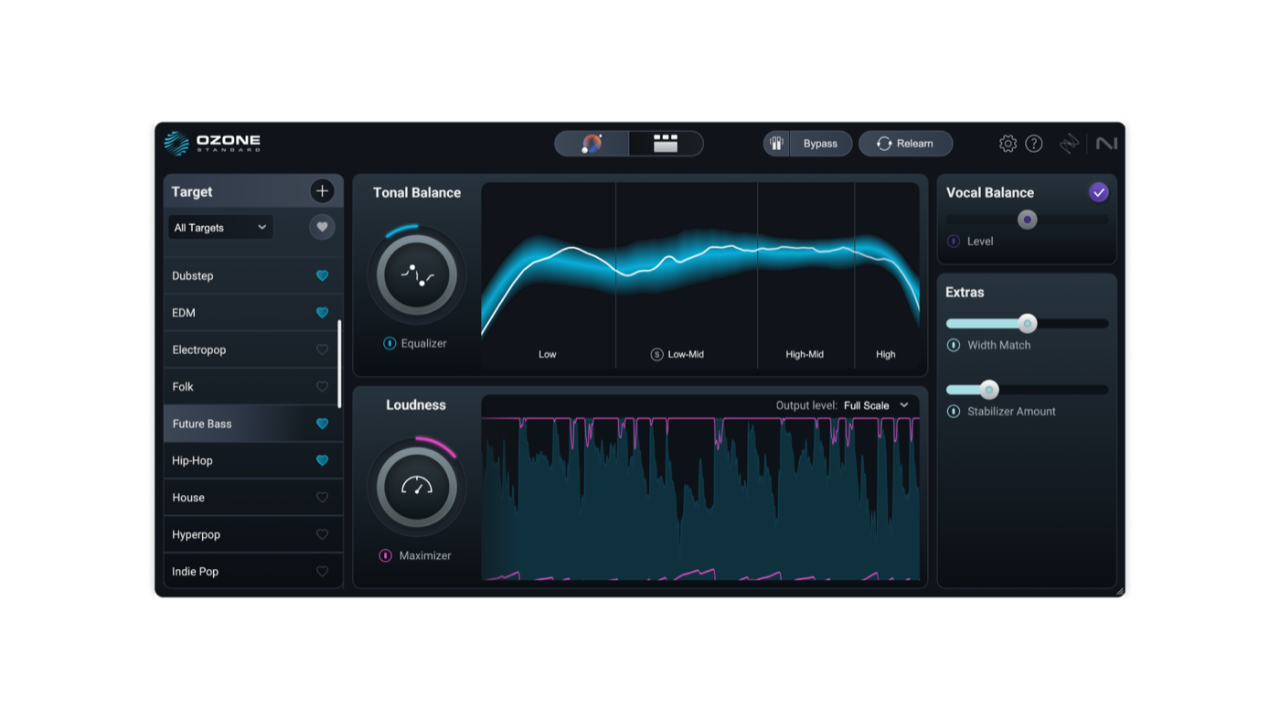 iZotope Ozone 12 Standard mastering interface showing tonal balance and loudness analysis