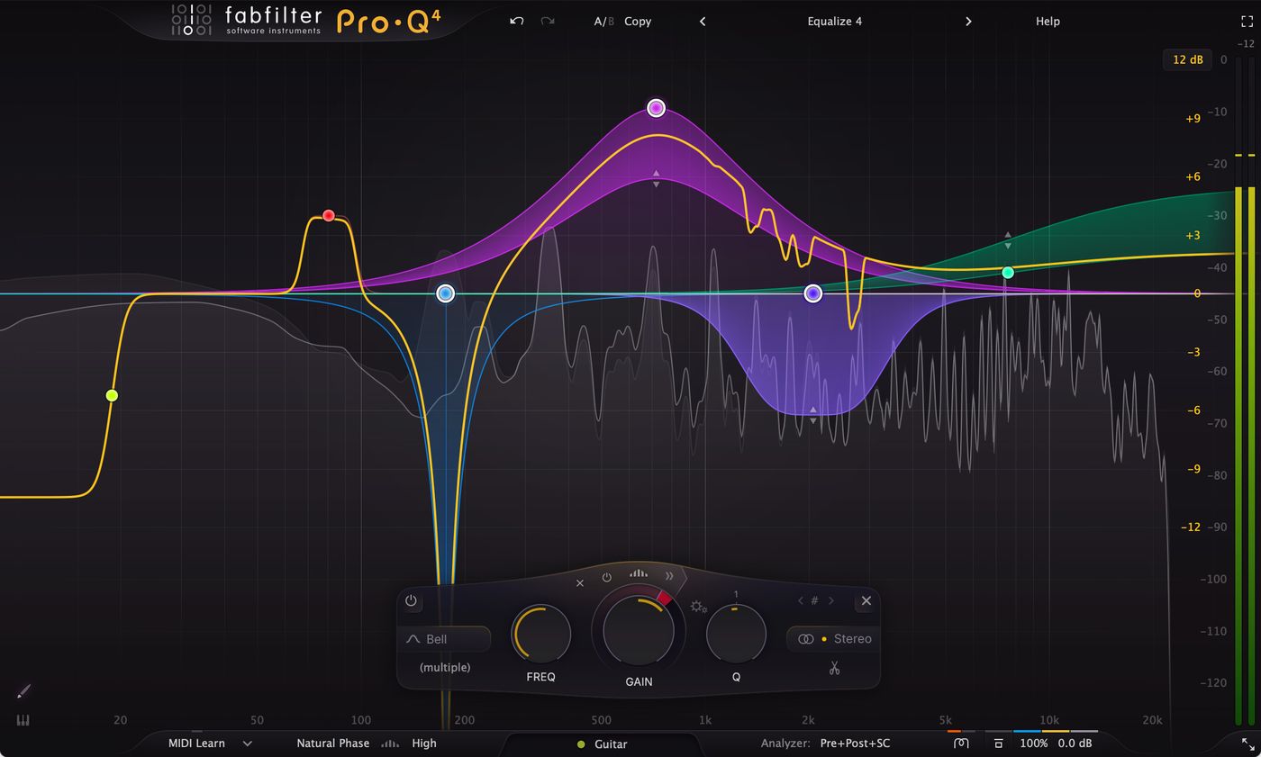FabFilter Pro-Q 4 equalizer interface with the spectrum analyser visible