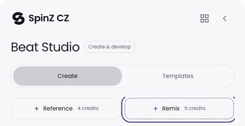 Beat Studio Create panel with Reference and Remix upload buttons; Remix shows 5 credits