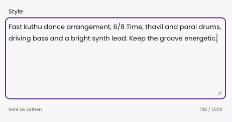 Beat Studio Style box containing an example kuthu arrangement prompt