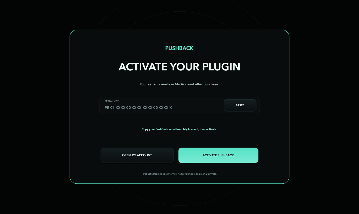 PushBack activation screen with the serial field, Paste button and Activate PushBack button