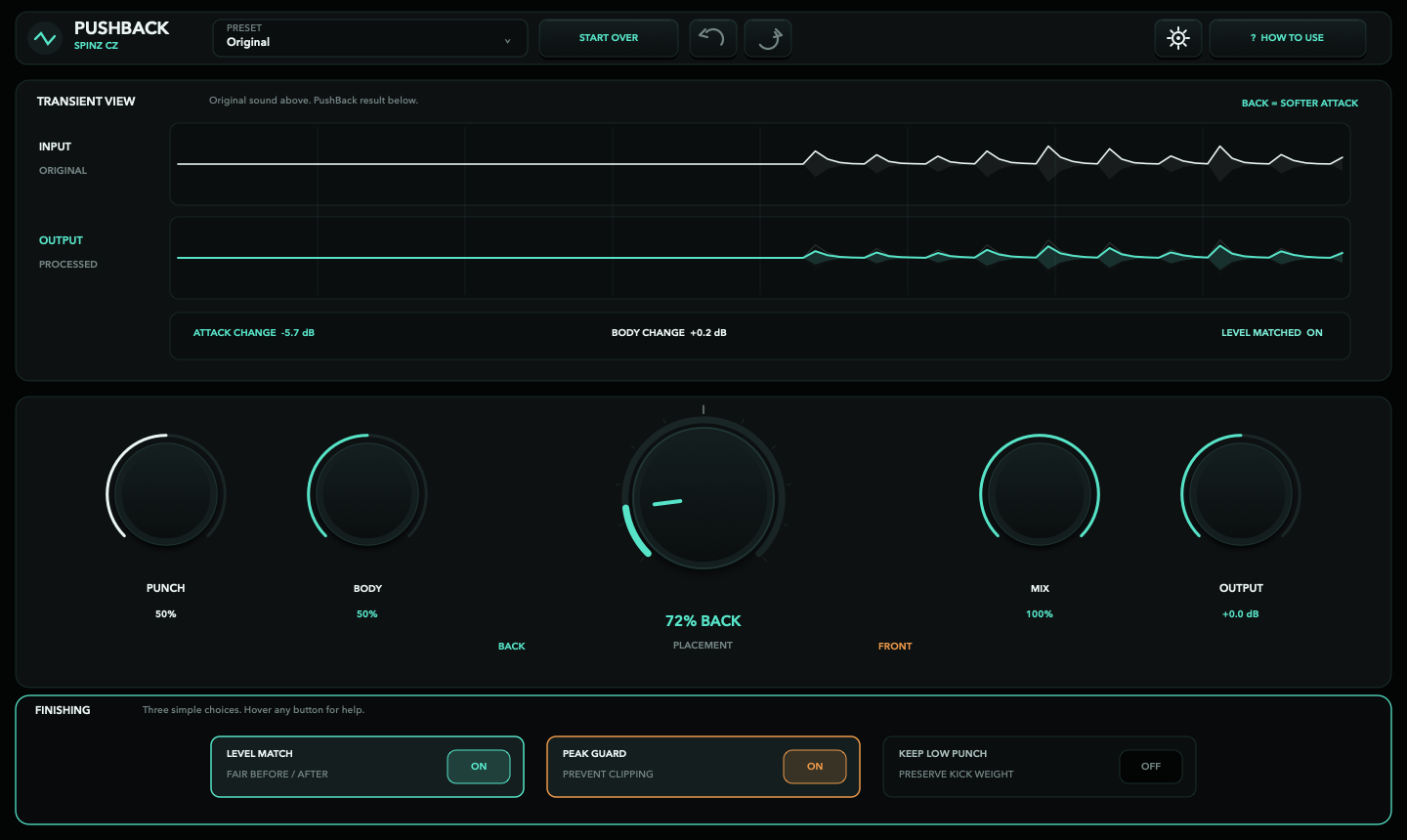 PushBack playing audio with the original waveform above and the processed waveform below