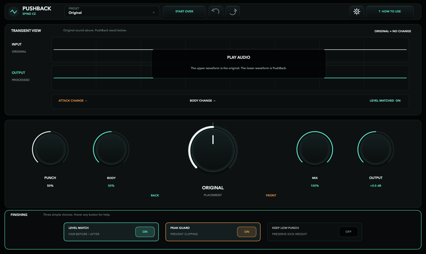 Complete PushBack interface showing Placement, Punch, Body, Mix, Output and finishing switches