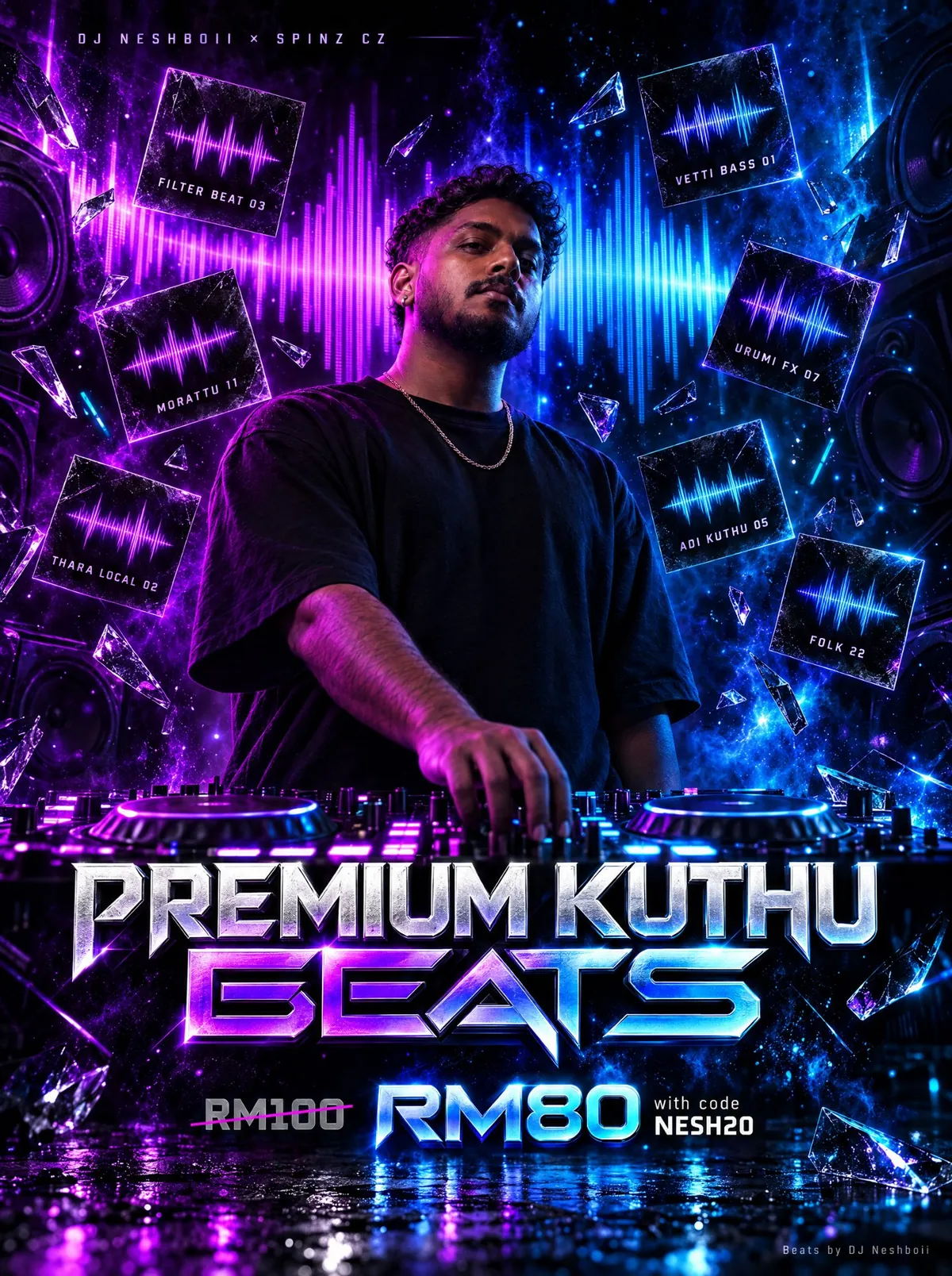 Premium Kuthu Beats poster: DJ Neshboii at the decks, RM100 slashed to RM80 with code NESH20
