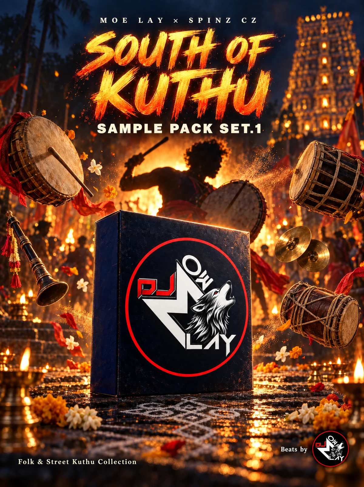 South of Kuthu Sample Pack Set 1 poster: the DJ Moe Lay box surrounded by South Indian drums at a temple festival