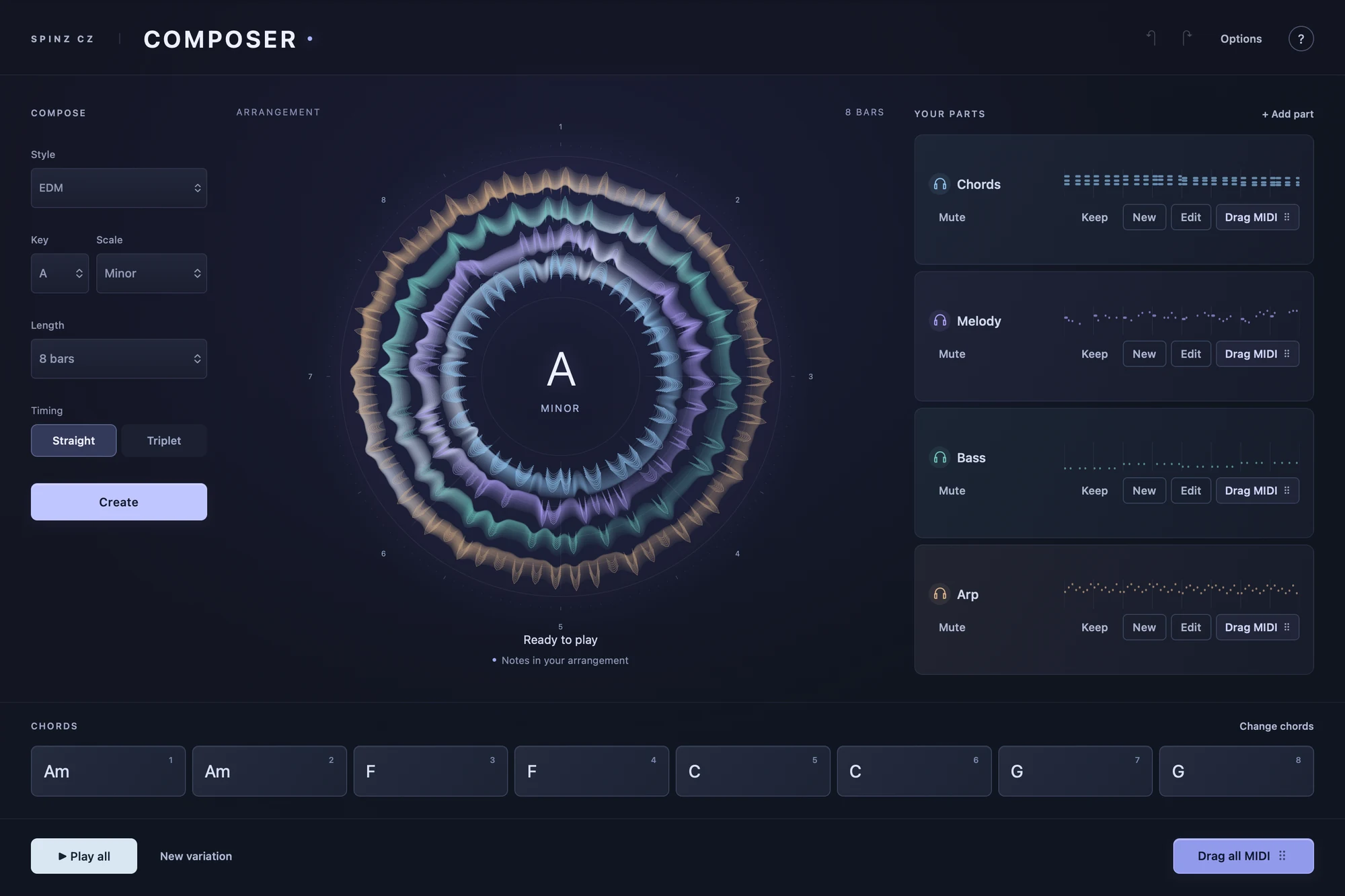 Composer interface with style, key and length settings, the arrangement view and the Chords, Melody, Bass and Arp parts