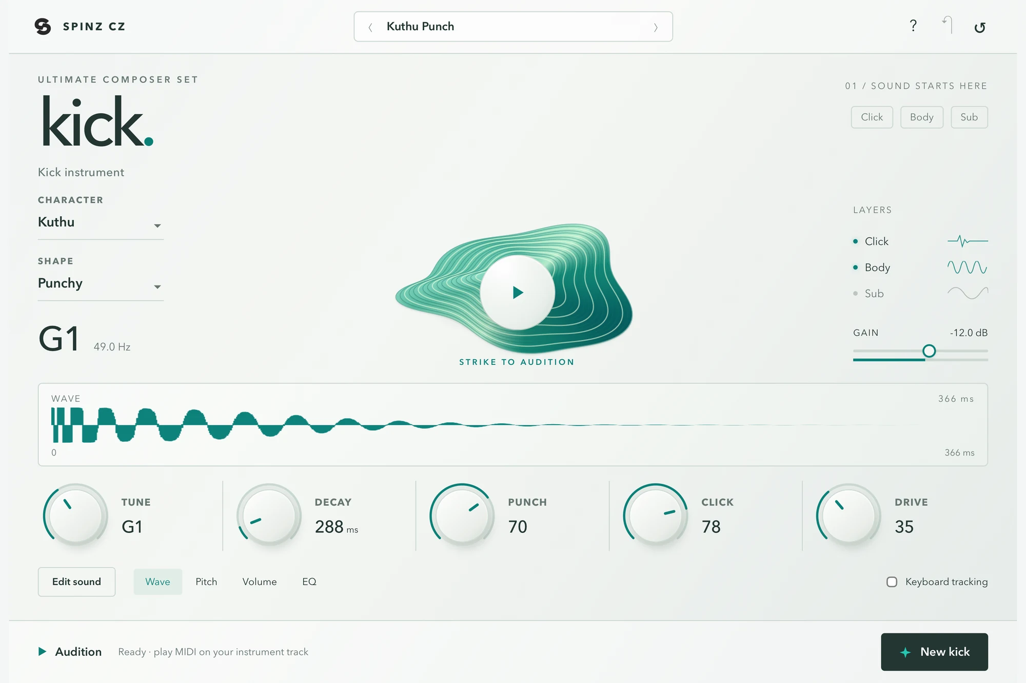 Kick interface with character and shape, the playable kick shape, the waveform and Tune, Decay, Punch, Click and Drive controls
