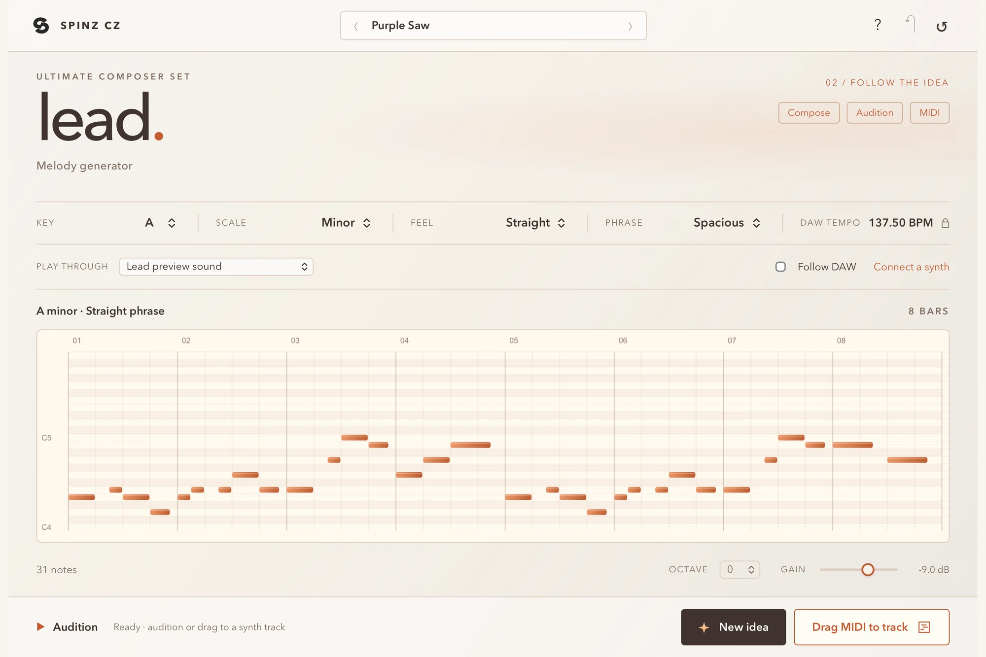 Lead interface with key, scale, feel and phrase settings and a melody on the piano roll