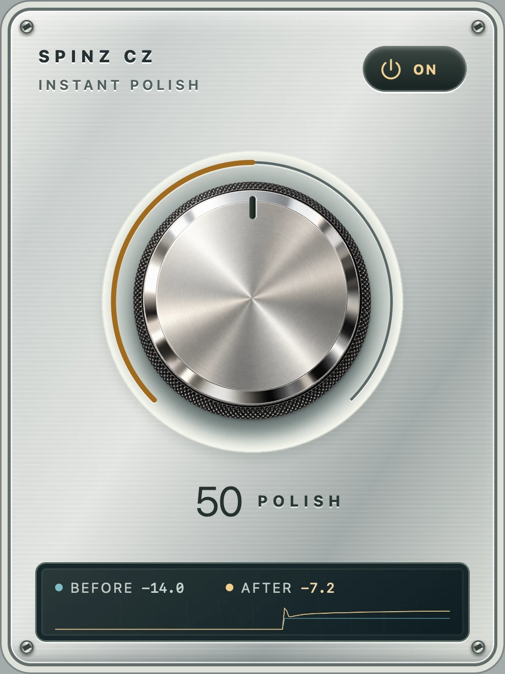 Instant Polish interface with the Polish knob, the on switch and the before and after level display