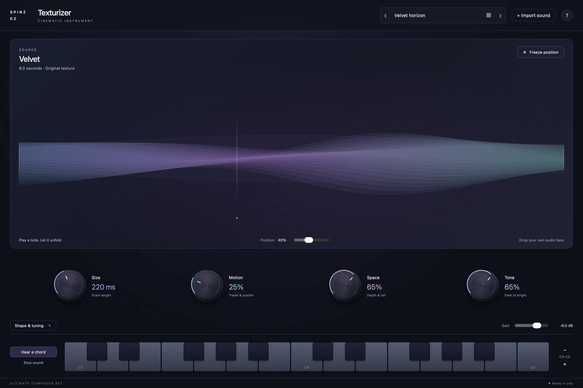 Texturizer interface with the source texture, the grain display, Size, Motion, Space and Tone controls and a keyboard