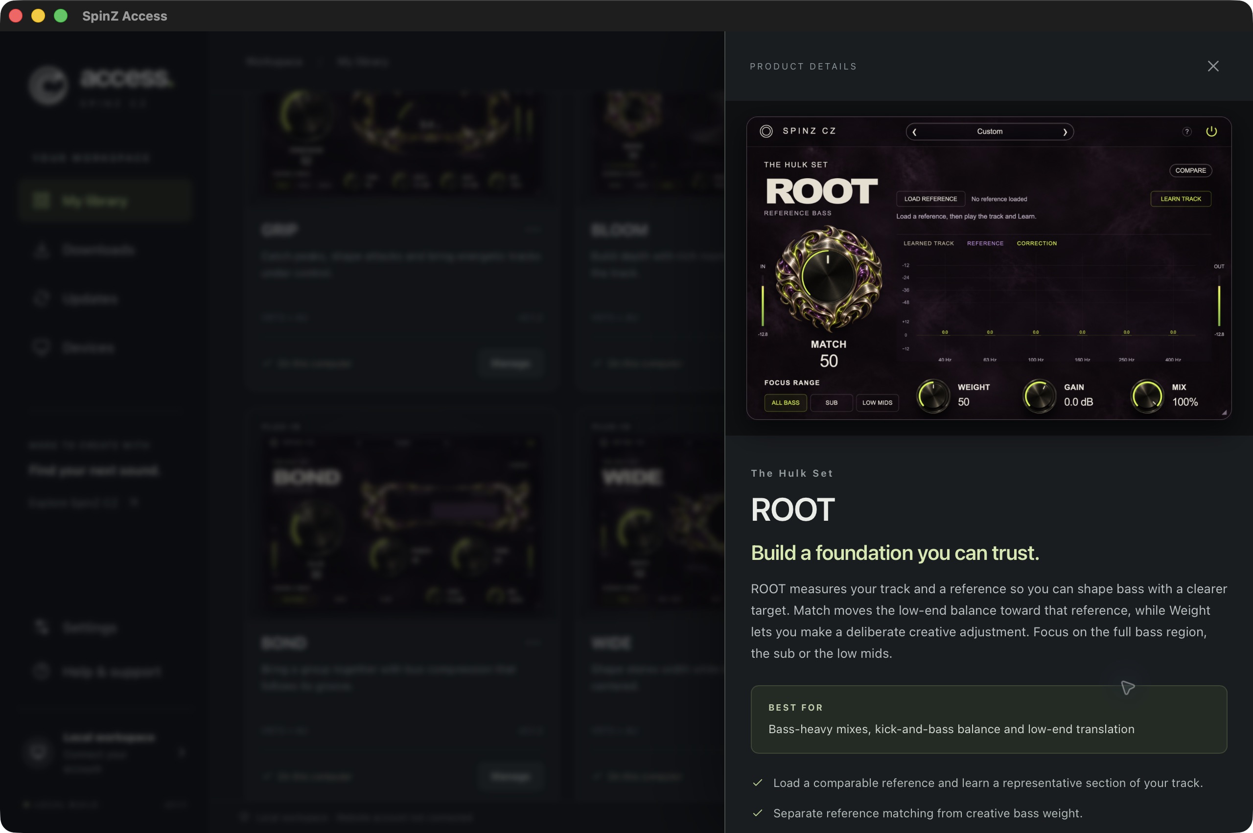 Actual SpinZ Access app: product library and ROOT details